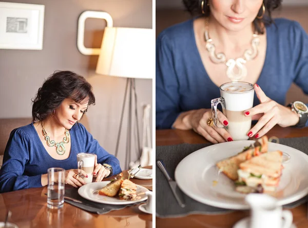 Portrait of middle-aged woman eating breakfast in cafe — Stock Photo, Image