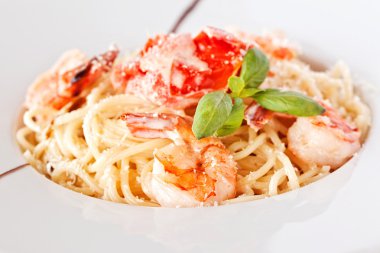 İtalyan makarna beyaz tabakta, sos ve parmesan peyniri ile