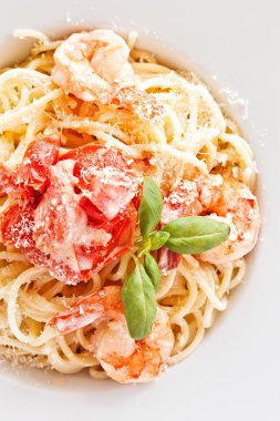 İtalyan makarna beyaz tabakta, sos ve parmesan peyniri ile