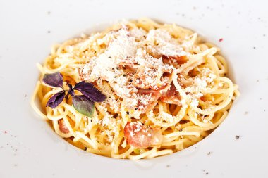 İtalyan makarna beyaz tabakta, sos ve parmesan peyniri ile