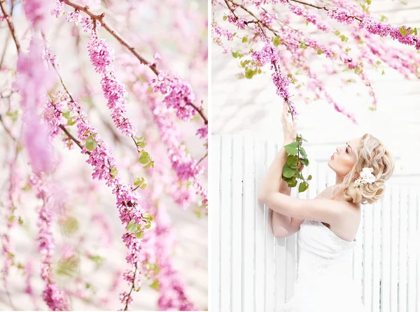Atractiva joven novia posando cerca de rosas jardín —  Fotos de Stock