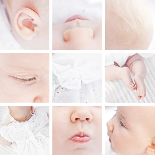 Collage av nyfödda barn barnet ligger glada leende på stickad filt på en vit — Stockfoto