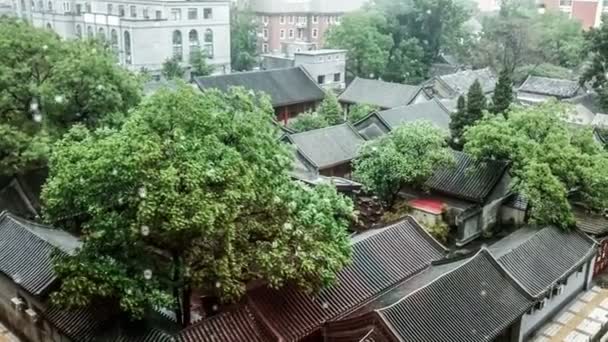 Beijing, die Vogelperspektive typischer alter beijinger Häuser am Regentag, China. — Stockvideo