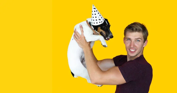 Young Man European Appearance Yellow Background Holding Dog Jack Russell — Stock Photo, Image