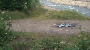 Sırt çantalı bir erkek turist nehir boyunca yürüyor.