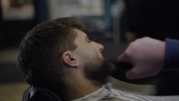 Un barbudo se corta la barba en una peluquería. Hombre peluquero cepillos pelo de clientes cara — Vídeo de stock