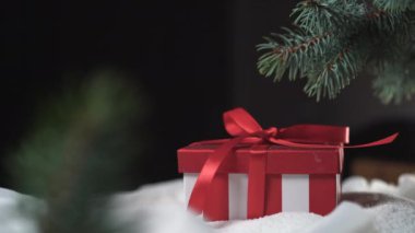 Kırmızı bir kutu ve bir fiyonk bir ladin dalının altında karda yatıyor. Bir erkeğin eli hediye alır.