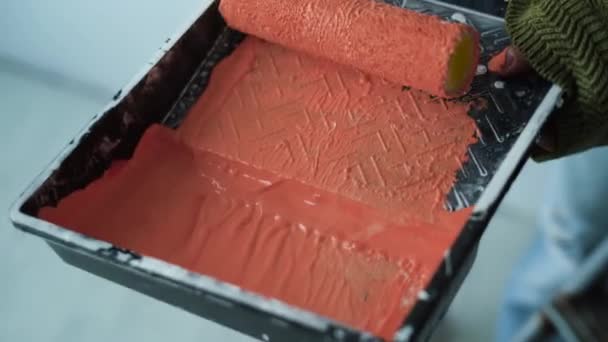 Gros plan d'un rouleau de peinture propre trempé dans de la peinture orange. Concept de rénovation résidentielle — Video