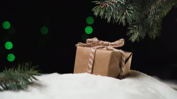 I sneen under træet ligger en kasse pakket i ormepapir. En kvindelig hånd tager hende – Stock-video
