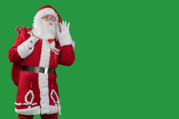 Санта Клаус на зеленом фоне с большим красным мешком стоит с рукой у рта и кричит. Принято. Концепция Рождества и Нового года — стоковое фото