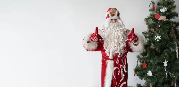 Aziz Nicholas odadaki Noel ağacının yanında duruyor ve sınıfa elleriyle gösteriyor. Kırmızı bir giysisi ve eldivenleri var.. — Stok fotoğraf