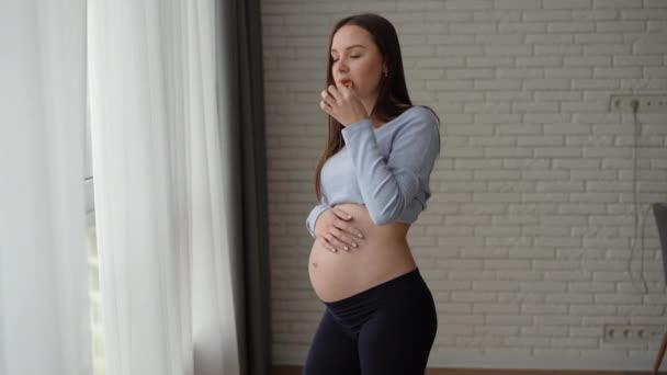 Une femme d'apparence européenne se tient près de la fenêtre et mange un sandwich. Concept de maternité heureuse — Video