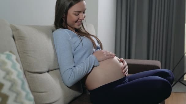 Een zwangere vrouw met een Europees uiterlijk zit thuis op de bank haar buik te strelen. Een glimlach op je gezicht — Stockvideo
