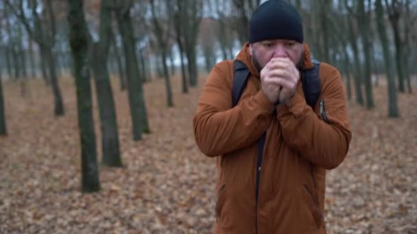 Mann im Herbstwald. Eingefrorene Hände springen von Fuß zu Fuß und wärmen Zehen — Stockvideo