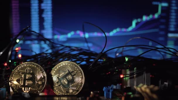 Twee Bitcoin munten in de buurt van een computer monitor, online cryptogeld uitwisseling, rate groei. Het concept van het verhogen van de valutaprijs — Stockvideo