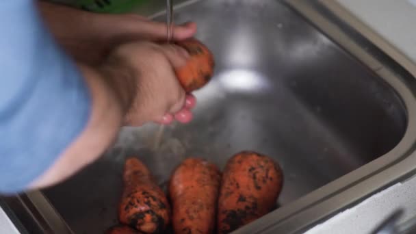 Pranie rąk marchew pod bieżącą wodą — Wideo stockowe