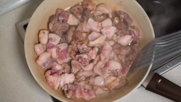 Los trozos de cerdo se fríen en una sartén en aceite vegetal. Estufa eléctrica y comida en ella. — Vídeos de Stock
