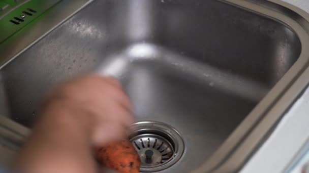 Cenouras para lavar as mãos em água corrente — Vídeo de Stock