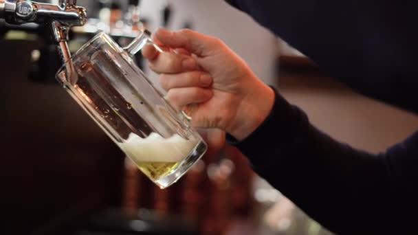 Barman podnosi szklankę i nalewa lekkie, niefiltrowane piwo. Ręka browara nalewa lekkiej piany z beczki piwa. — Wideo stockowe