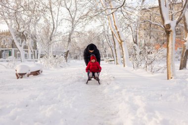 Baba, üç yaşındaki kızını ağaçların arasındaki kış parkında karda yuvarlıyor. Soğukta aile için eğlence. Metin için yer.