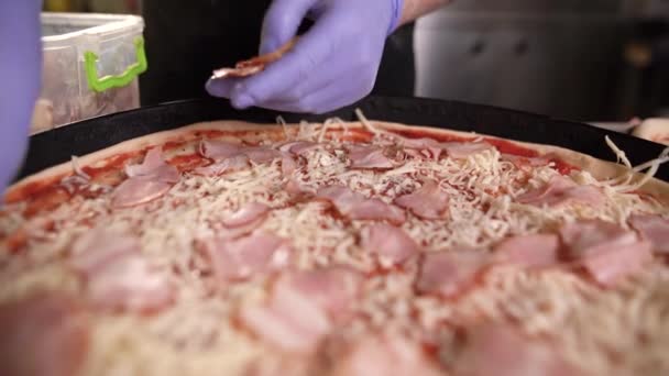 O processo de preparação de pizza tradicional italiana em uma cozinha profissional moderna. o chef pôs bacon em fatias finas. — Vídeo de Stock