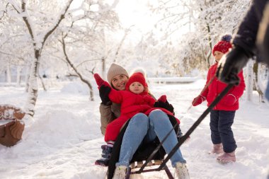 Mom and daughter are sitting on a sleigh, dad is rolling them in a winter park. Family and two daughters on vacation in winter. Copy space.