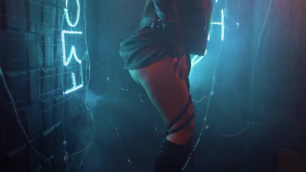 Sexy woman dancing at a night party. lift up a leather skirt and show the ass. Dance party with neon lights. — Vídeos de Stock