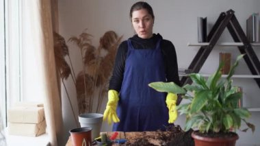 Beyaz bir bayan, iş kıyafetleri içinde siyah saçlı bir bahçıvan, ev bitkilerini nasıl nakledeceğini söylüyor. Bir saksı alır ve özel bir spatulayla toprağı içine döker..