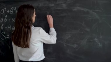 Matematik öğretmeni sınıfta denklem ya da işlev tahtasında yazıyor. Üniversite ya da üniversitede karatahta egzersizi yapan bir öğrenci. Kadın öğretmenlik ya da eğitim. 4