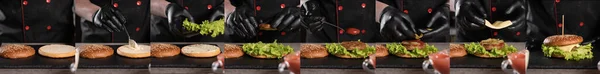 Banner , step by step recipe for making a burger. Close-up of a chefs hand putting ingredients and preparing a sandwich.