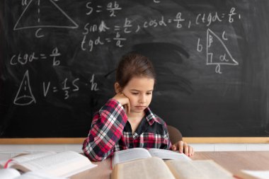 Okula ve mutlu zamanlara. Şirin, çalışkan bir çocuk kapalı bir masada oturuyor. Çocuk sınıfta tahtanın arka planına karşı ders çalışıyor. Beyaz kız kitap okuyor..