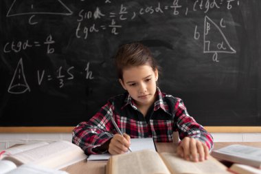 Okula ve mutlu zamanlara. Öğrenci ya da öğrenci, tahtanın arka planında, sınıfta ders çalışıyor. Kafkasyalı kız bir kitap okuyor ve bir deftere notlar yazıyor..