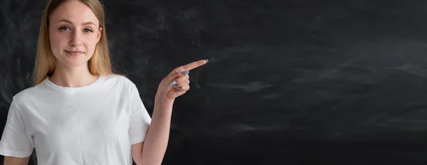 Portrait Caucasian Teacher Girl Standing Blackboard Class Left Pointing Her — Stock Photo, Image