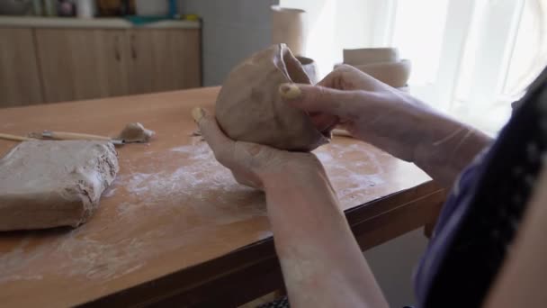 Een jonge vrouw maakt een kruik van klei. ... Close-up van vrouwelijke handen beeldhouwwerk aardewerk. Hobby. Een pottenbakker in een pottenbakkerij. Handgemaakt. Keramist. Een kopje klei. Beeldhouwer. — Stockvideo