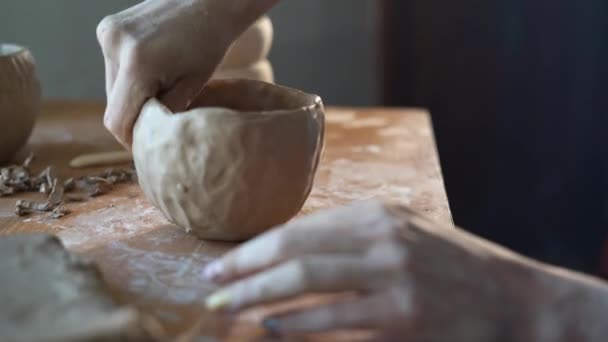 Ruce ženského hrnčíře, který utváří hliněný pohár. Potter v keramické dílně. Ruční práce. Keramik. Pohár hlíny. Sochař. — Stock video