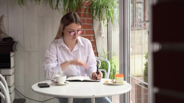 Porträt einer jungen blonden Kaukasierin, die an einem Tisch in einem Café sitzt und Notizen in einem Notizbuch macht. Journalistin schreibt Ideen auf. — Stockvideo