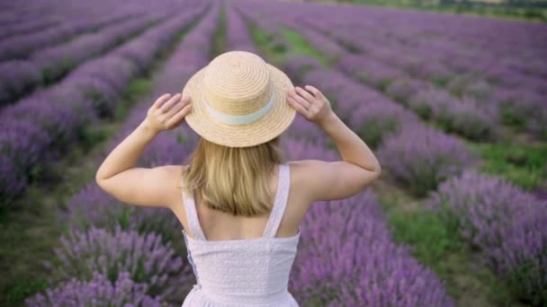 Visão traseira de uma jovem mulher feliz segurando um chapéu de palha e andando ao pôr do sol ou ao amanhecer em um campo de lavanda. — Vídeo de Stock