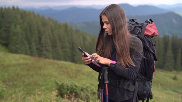 バックパック付きの山の中の女の子旅行者は電話のオフラインマップでハイキングルートを作ります。森の近くの女性観光客がキャンプへの道を探している。観光の概念 — ストック動画