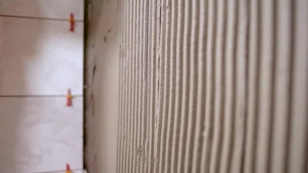 Egy munkás, aki betont terjeszt egy vakolóval a falon, hogy kerámia csempéket szereljen fel, közelit. Lakásfelújítási koncepció. — Stock videók