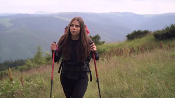 Woman hiker with a big backpack walks along the ridge using walking sticks. — Vídeos de Stock