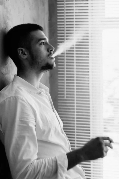 Portrait Young Man Smoking Cigarette Standing Office Window Businessman Nicotine — Stock Photo, Image