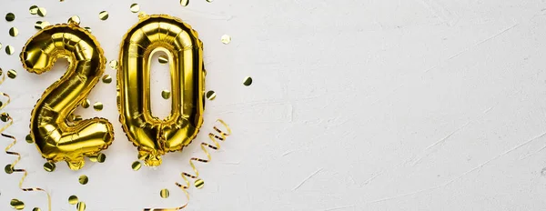 Golden Foil Balloon Number Twenty Birthday Anniversary Card Inscription Gray — Stock Photo, Image