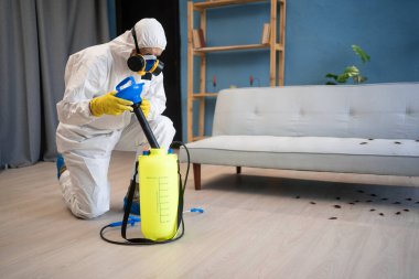 Male exterminator killing cockroaches in house. Elderly man in protective suit and respirator mask using yellow sprayer spraying insecticide over roaches on floor at home