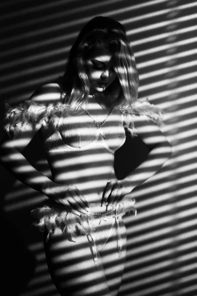 Kör karanlıkta zayıf vücutlu seksi bir kadın poz veriyor. Seksi dantelli külot ve sütyenli iç çamaşırı mankeni. Siyah beyaz fotoğraf. Boşluğu kopyala