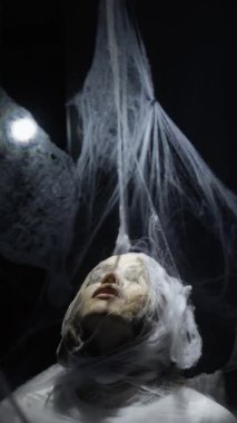 Kendini soyutlama. Korkunç örümcek ağlarına takılmış, acı çeken, korkmuş bir kadın. Korku kaygısı ve suistimal kavramı.