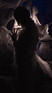 Koyu renk saçlı, dramatik makyajlı bir cadı, ellerini hareket ettirir. Sanki mum ışığında, ön planda örümcek ağları olan sıcak bir ortamda büyü yapar gibi..