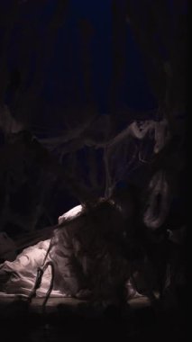 Beyaz elbiseli kız elleri ışığa doğru uzanıyor yerdeki örümcek ağlarının arasında oturuyor. Mistisizm ve fantezi kavramı. Dikey video