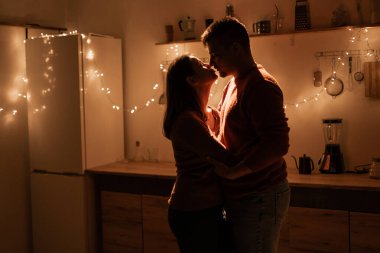 Karanlık mutfaktaki çelenk ışıklarının altında öpüşen ve sarılan genç çiftin silueti. Boşluğu kopyala