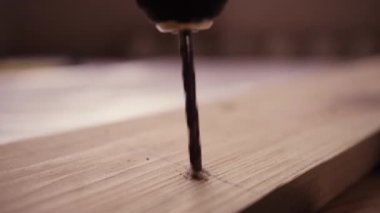 Marangoz elektrikli matkap kullanıyor, yakın plan. Kereste delmeye katılan biri. Küçük işletme konsepti. Boşluğu kopyala