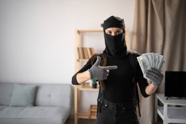 Siyah kar maskeli bir hırsız ya da soygun terörü suçlusu evde para çalıyor dolarları işaret edip kameraya bakıyor. Boşluğu kopyala